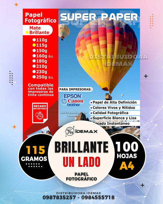 Papel Fotográfico Brillante 115 gramos un Lado A4 100 Hojas