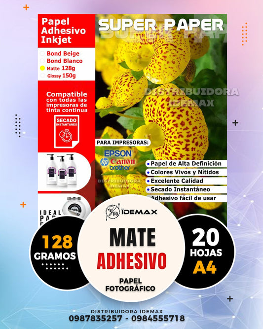 Papel Adhesivo Fotográfico Blanco Mate 128 gramos A4 20 hojas
